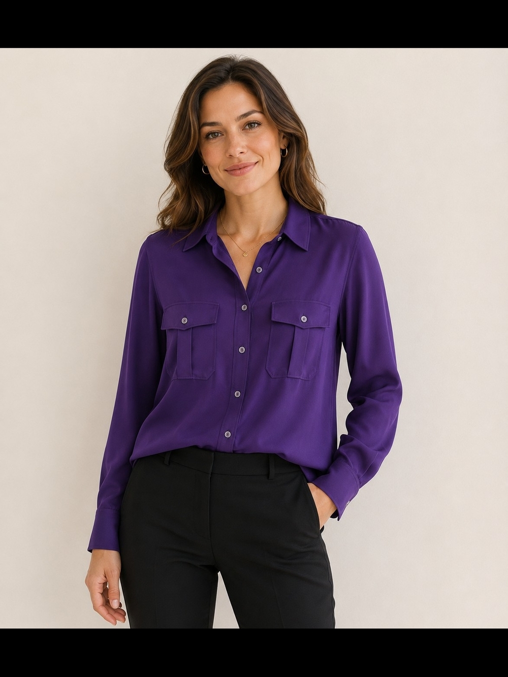 Theory Purple Button-Down 100% Silk Utility Blouse
